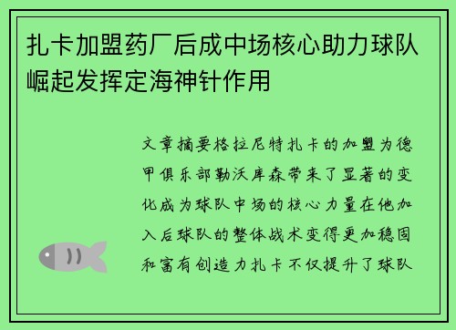 扎卡加盟药厂后成中场核心助力球队崛起发挥定海神针作用